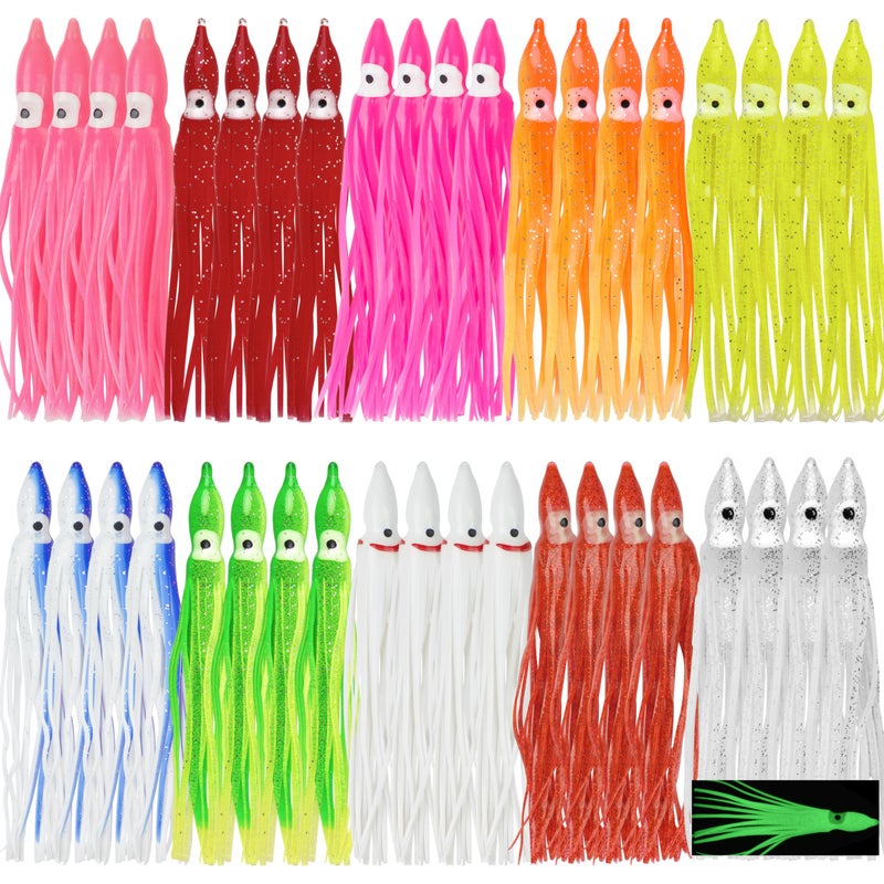 SILANON Fishing Squid Skirts Lures, 60pcs Luminous Octopus Skirts Trolling Lures Soft Plastic Fishing Bait Set for Bass Salmon Trout Multicolored 12cm - Image 1